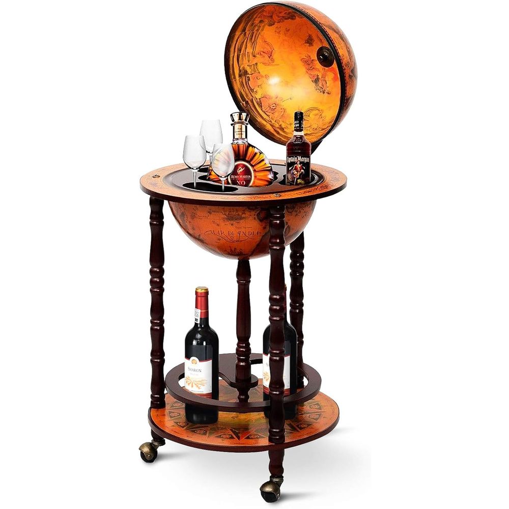 Home Bar Shelf - 17.5 Vintage-Style Rolling Globe Bar Cart