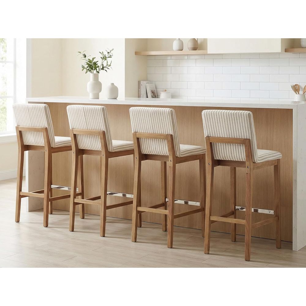 Home Bar Stools - Linen-Cushioned Wooden Bar Stools Set of