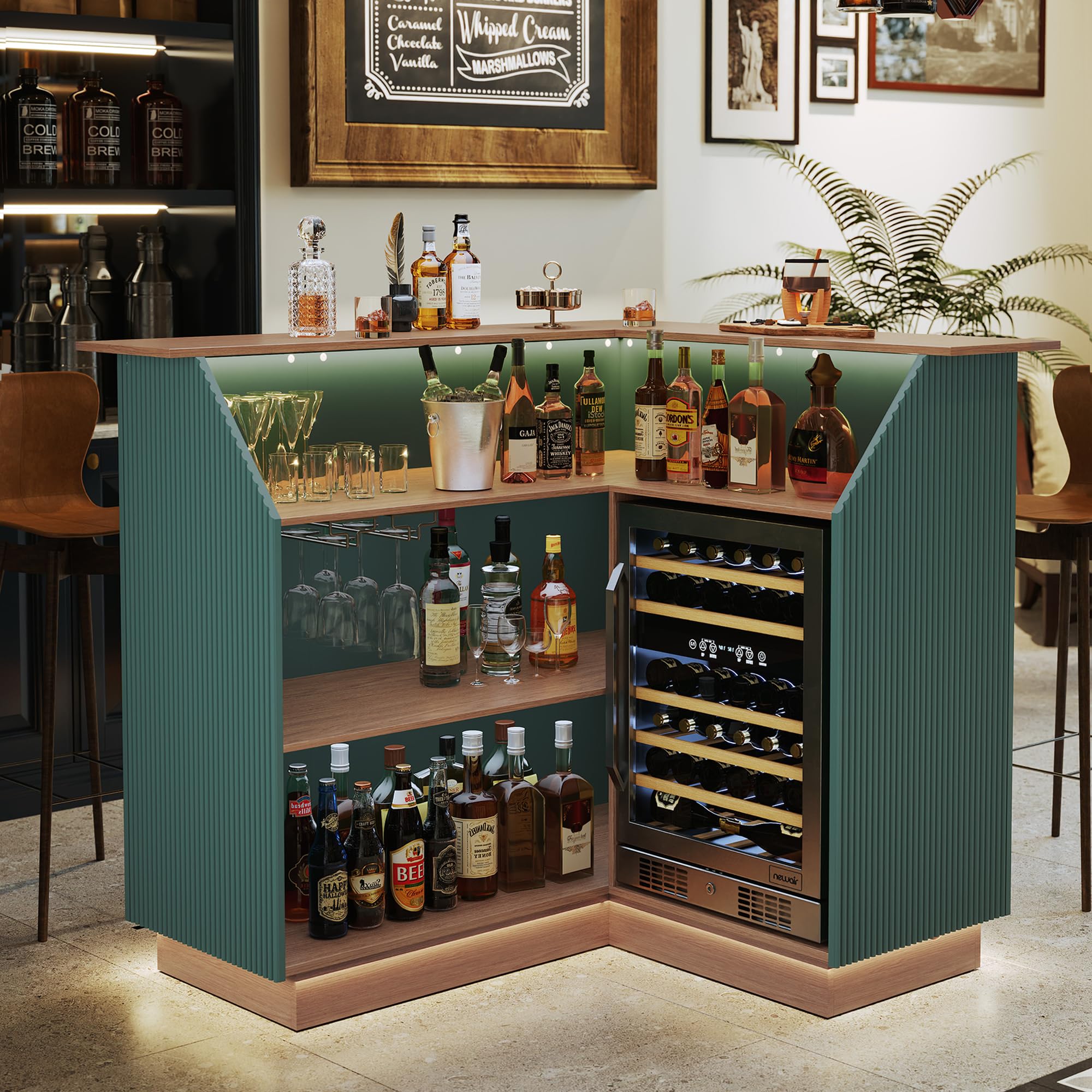 Green Fluted L-Shape Corner Ba - Home Bar And Fridge incelemesi ve fiyatı
