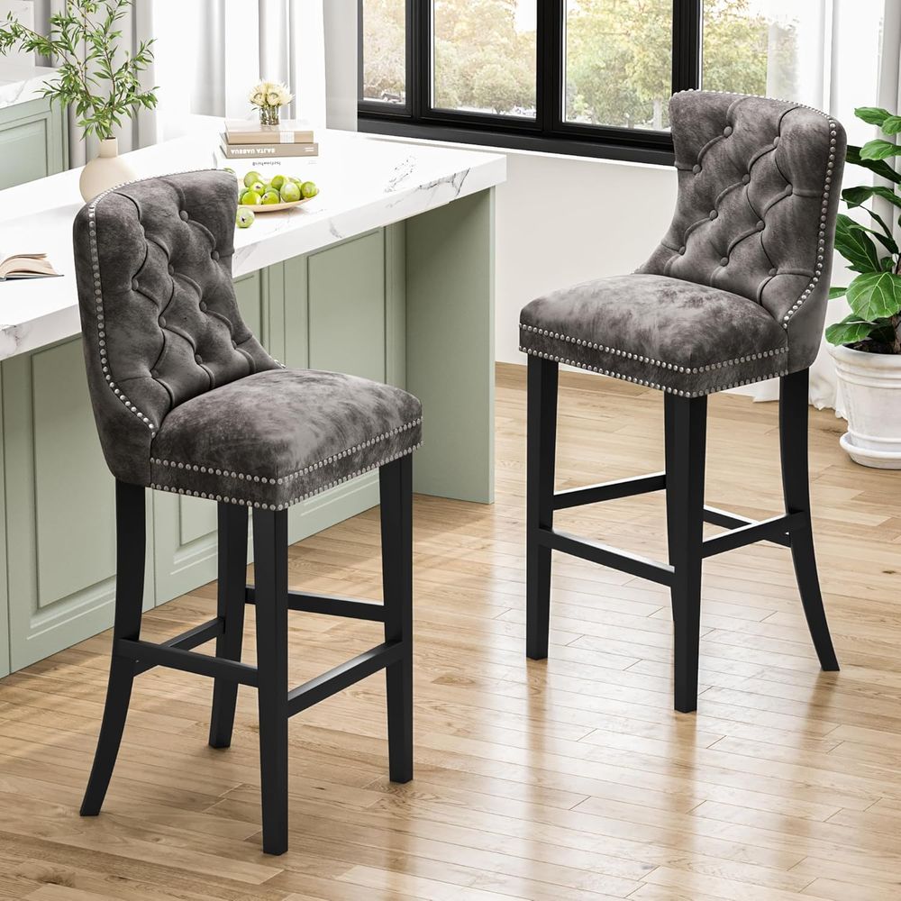 Set of 2 Light Grey Velvet Bar - Home Bar Stools incelemesi ve fiyatı
