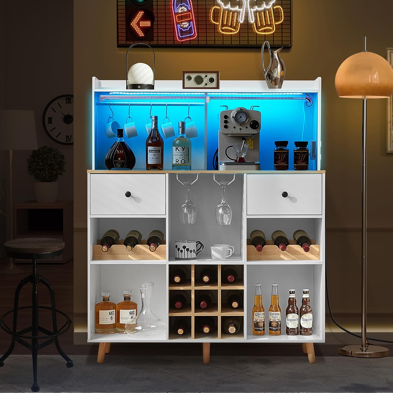 Wine Bar Cabinet with Power Ou - Home Bar Shelf incelemesi ve fiyatı