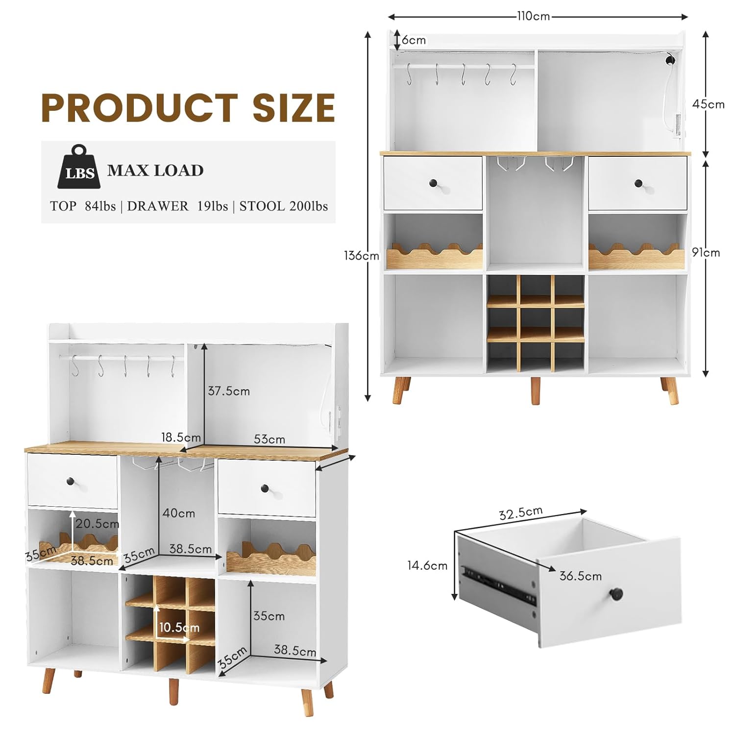 Wine Bar Cabinet with Power Ou - Home Bar Shelf incelemesi ve fiyatı