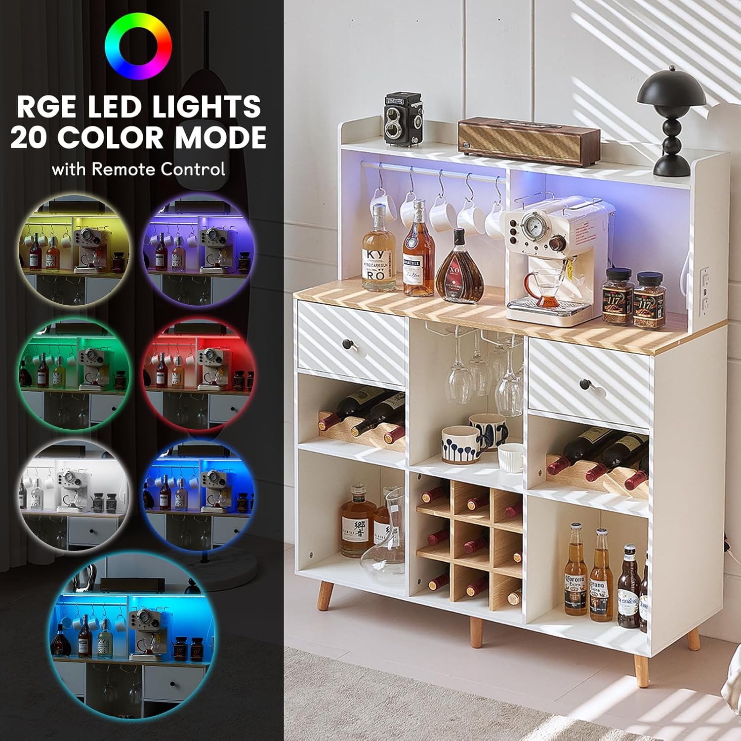 Wine Bar Cabinet with Power Ou - Home Bar Shelf incelemesi ve fiyatı